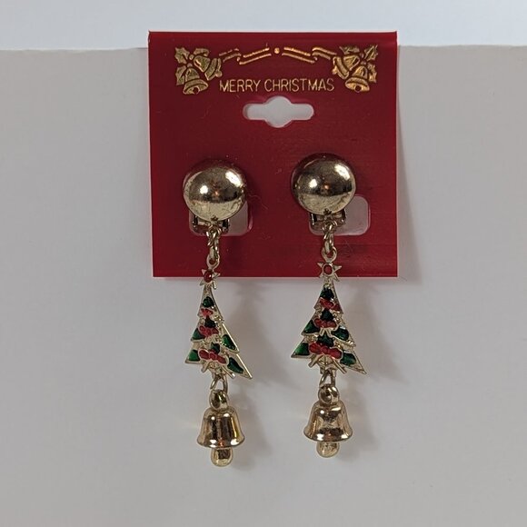 Vintage Christmas Tree Bell Christmas/Holiday Clip On Earrings - Picture 1 of 3